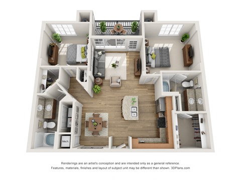 Floor plan for 2 beds, 2 baths, 1089 sqft